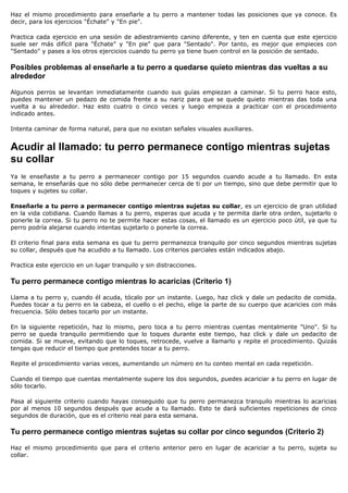 Haz el mismo procedimiento para enseñarle a tu perro a mantener todas las posiciones que ya conoce. Es
decir, para los ejercicios "Échate" y "En pie".

Practica cada ejercicio en una sesión de adiestramiento canino diferente, y ten en cuenta que este ejercicio
suele ser más difícil para "Échate" y "En pie" que para "Sentado". Por tanto, es mejor que empieces con
"Sentado" y pases a los otros ejercicios cuando tu perro ya tiene buen control en la posición de sentado.

Posibles problemas al enseñarle a tu perro a quedarse quieto mientras das vueltas a su
alrededor

Algunos perros se levantan inmediatamente cuando sus guías empiezan a caminar. Si tu perro hace esto,
puedes mantener un pedazo de comida frente a su nariz para que se quede quieto mientras das toda una
vuelta a su alrededor. Haz esto cuatro o cinco veces y luego empieza a practicar con el procedimiento
indicado antes.

Intenta caminar de forma natural, para que no existan señales visuales auxiliares.


Acudir al llamado: tu perro permanece contigo mientras sujetas
su collar
Ya le enseñaste a tu perro a permanecer contigo por 15 segundos cuando acude a tu llamado. En esta
semana, le enseñarás que no sólo debe permanecer cerca de ti por un tiempo, sino que debe permitir que lo
toques y sujetes su collar.

Enseñarle a tu perro a permanecer contigo mientras sujetas su collar, es un ejercicio de gran utilidad
en la vida cotidiana. Cuando llamas a tu perro, esperas que acuda y te permita darle otra orden, sujetarlo o
ponerle la correa. Si tu perro no te permite hacer estas cosas, el llamado es un ejercicio poco útil, ya que tu
perro podría alejarse cuando intentas sujetarlo o ponerle la correa.

El criterio final para esta semana es que tu perro permanezca tranquilo por cinco segundos mientras sujetas
su collar, después que ha acudido a tu llamado. Los criterios parciales están indicados abajo.

Practica este ejercicio en un lugar tranquilo y sin distracciones.

Tu perro permanece contigo mientras lo acaricias (Criterio 1)

Llama a tu perro y, cuando él acuda, tócalo por un instante. Luego, haz click y dale un pedacito de comida.
Puedes tocar a tu perro en la cabeza, el cuello o el pecho, elige la parte de su cuerpo que acaricies con más
frecuencia. Sólo debes tocarlo por un instante.

En la siguiente repetición, haz lo mismo, pero toca a tu perro mientras cuentas mentalmente "Uno". Si tu
perro se queda tranquilo permitiendo que lo toques durante este tiempo, haz click y dale un pedacito de
comida. Si se mueve, evitando que lo toques, retrocede, vuelve a llamarlo y repite el procedimiento. Quizás
tengas que reducir el tiempo que pretendes tocar a tu perro.

Repite el procedimiento varias veces, aumentando un número en tu conteo mental en cada repetición.

Cuando el tiempo que cuentas mentalmente supere los dos segundos, puedes acariciar a tu perro en lugar de
sólo tocarlo.

Pasa al siguiente criterio cuando hayas conseguido que tu perro permanezca tranquilo mientras lo acaricias
por al menos 10 segundos después que acude a tu llamado. Esto te dará suficientes repeticiones de cinco
segundos de duración, que es el criterio real para esta semana.

Tu perro permanece contigo mientras sujetas su collar por cinco segundos (Criterio 2)

Haz el mismo procedimiento que para el criterio anterior pero en lugar de acariciar a tu perro, sujeta su
collar.
 