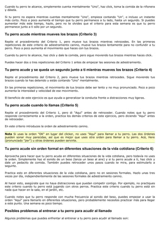 Cuando tu perro te alcance, simplemente cuenta mentalmente "Uno", haz click, toma la comida de la riñonera
y dásela.

Si tu perro no espera mientras cuentas mentalmente "Uno", empieza contando "Un", o incluso un instante
más corto. Poco a poco aumenta el tiempo que tu perro permanece a tu lado, hasta un segundo. Si puedes
aumentar más este tiempo, hazlo, pero no te olvides que el criterio para esta semana es que tu perro
permanece junto a ti sólo por un segundo.

Tu perro acude mientras mueves los brazos (Criterio 3)

Repite el procedimiento del Criterio 1, pero mueve tus brazos mientras retrocedes. En las primeras
repeticiones de este criterio de adiestramiento canino, mueve tus brazos lentamente para no confundir a tu
perro. Poco a poco aumenta el movimiento que haces con tus brazos.

Cuando tu perro te alcance, haz click y dale la comida, pero sigue moviendo tus brazos mientras haces click.

Puedes hacer dos o tres repeticiones del Criterio 1 antes de empezar las sesiones de adiestramiento.

Tu perro acude y se queda un segundo junto a ti mientras mueves los brazos (Criterio 4)

Repite el procedimiento del Criterio 2, pero mueve tus brazos mientras retrocedes. Sigue moviendo tus
brazos cuando te has detenido y estás contando "Uno" mentalmente.

En las primeras repeticiones, el movimiento de tus brazos debe ser lento y no muy pronunciado. Poco a poco
aumenta la intensidad y velocidad de ese movimiento.

El beneficio de este ejercicio es que ayuda a generalizar la conducta frente a distracciones muy ligeras.

Tu perro acude cuando lo llamas (Criterio 5)

Repite el procedimiento del Criterio 1, pero di "Aquí" antes de retroceder. Cuando notes que tu perro
responde correctamente a la orden, practica los demás criterios de este ejercicio, pero diciendo "Aquí" antes
de retroceder.

En este criterio introduces la orden de adiestramiento canino.

Nota Si usas la orden "OK" en lugar del clicker, no uses "Aquí" para llamar a tu perro. Las dos órdenes
pueden sonar muy parecidas, así que es mejor que uses otra orden para llamar a tu perro. Acá, Here
(pronunciado "jier") u otras órdenes pueden servirte.


Tu perro acude sin orden formal en diferentes situaciones de la vida cotidiana (Criterio 6)

Aprovecha para hacer que tu perro acuda en diferentes situaciones de la vida cotidiana, pero todavía no uses
la orden. Simplemente haz el sonido de un beso (lanza un beso al aire) y si tu perro acude a ti, haz click y
dale un pedacito de comida. También puedes retroceder unos pasos cuando te mira, para estimularlo a
seguirte.

Practica esto en diferentes situaciones de la vida cotidiana, pero no en sesiones formales. Hazlo unas tres
veces por día, independientemente de las sesiones formales de adiestramiento canino.

Al hacer esto, asegúrate que no haya distracciones que puedan competir contigo. Por ejemplo, no practiques
este criterio cuando tu perro está jugando con otros perros. Practica este criterio cuando tu perro está sin
nada que hacer en la sala, en el jardín, etc.

Cuando notes que tu perro responde con mucha frecuencia al sonido del beso, puedes empezar a usar la
orden "Aquí" para llamarlo en diferentes situaciones, pero probablemente necesites practicar más para llegar
a este punto. Una semana es poco tiempo.

Posibles problemas al entrenar a tu perro para acudir al llamado

Algunos problemas que puedes enfrentar al entrenar a tu perro para acudir al llamado son:
 