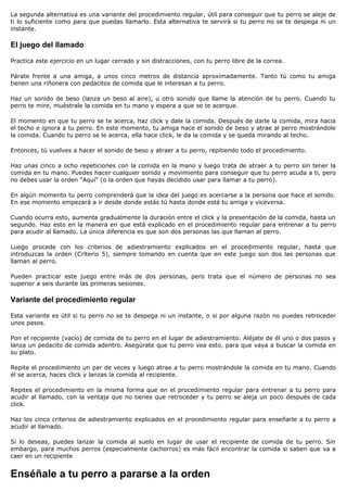 La segunda alternativa es una variante del procedimiento regular, útil para conseguir que tu perro se aleje de
ti lo suficiente como para que puedas llamarlo. Esta alternativa te servirá si tu perro no se te despega ni un
instante.

El juego del llamado

Practica este ejercicio en un lugar cerrado y sin distracciones, con tu perro libre de la correa.

Párate frente a una amiga, a unos cinco metros de distancia aproximadamente. Tanto tú como tu amiga
tienen una riñonera con pedacitos de comida que le interesan a tu perro.

Haz un sonido de beso (lanza un beso al aire), u otro sonido que llame la atención de tu perro. Cuando tu
perro te mire, muéstrale la comida en tu mano y espera a que se te acerque.

El momento en que tu perro se te acerca, haz click y dale la comida. Después de darle la comida, mira hacia
el techo e ignora a tu perro. En este momento, tu amiga hace el sonido de beso y atrae al perro mostrándole
la comida. Cuando tu perro se le acerca, ella hace click, le da la comida y se queda mirando al techo.

Entonces, tú vuelves a hacer el sonido de beso y atraer a tu perro, repitiendo todo el procedimiento.

Haz unas cinco a ocho repeticiones con la comida en la mano y luego trata de atraer a tu perro sin tener la
comida en tu mano. Puedes hacer cualquier sonido y movimiento para conseguir que tu perro acuda a ti, pero
no debes usar la orden "Aquí" (o la orden que hayas decidido usar para llamar a tu perro).

En algún momento tu perro comprenderá que la idea del juego es acercarse a la persona que hace el sonido.
En ese momento empezará a ir desde donde estás tú hasta donde está tu amiga y viceversa.

Cuando ocurra esto, aumenta gradualmente la duración entre el click y la presentación de la comida, hasta un
segundo. Haz esto en la manera en que está explicado en el procedimiento regular para entrenar a tu perro
para acudir al llamado. La única diferencia es que son dos personas las que llaman al perro.

Luego procede con los criterios de adiestramiento explicados en el procedimiento regular, hasta que
introduzcas la orden (Criterio 5), siempre tomando en cuenta que en este juego son dos las personas que
llaman al perro.

Pueden practicar este juego entre más de dos personas, pero trata que el número de personas no sea
superior a seis durante las primeras sesiones.

Variante del procedimiento regular

Esta variante es útil si tu perro no se te despega ni un instante, o si por alguna razón no puedes retroceder
unos pasos.

Pon el recipiente (vacío) de comida de tu perro en el lugar de adiestramiento. Aléjate de él uno o dos pasos y
lanza un pedacito de comida adentro. Asegúrate que tu perro vea esto, para que vaya a buscar la comida en
su plato.

Repite el procedimiento un par de veces y luego atrae a tu perro mostrándole la comida en tu mano. Cuando
él se acerca, haces click y lanzas la comida al recipiente.

Repites el procedimiento en la misma forma que en el procedimiento regular para entrenar a tu perro para
acudir al llamado, con la ventaja que no tienes que retroceder y tu perro se aleja un poco después de cada
click.

Haz los cinco criterios de adiestramiento explicados en el procedimiento regular para enseñarle a tu perro a
acudir al llamado.

Si lo deseas, puedes lanzar la comida al suelo en lugar de usar el recipiente de comida de tu perro. Sin
embargo, para muchos perros (especialmente cachorros) es más fácil encontrar la comida si saben que va a
caer en un recipiente


Enséñale a tu perro a pararse a la orden
 