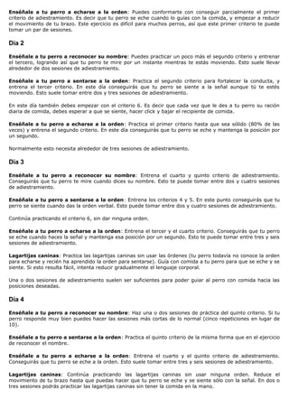 Enséñale a tu perro a echarse a la orden: Puedes conformarte con conseguir parcialmente el primer
criterio de adiestramiento. Es decir que tu perro se eche cuando lo guías con la comida, y empezar a reducir
el movimiento de tu brazo. Este ejercicio es difícil para muchos perros, así que este primer criterio te puede
tomar un par de sesiones.

Día 2

Enséñale a tu perro a reconocer su nombre: Puedes practicar un poco más el segundo criterio y entrenar
el tercero, logrando así que tu perro te mire por un instante mientras te estás moviendo. Esto suele llevar
alrededor de dos sesiones de adiestramiento.

Enséñale a tu perro a sentarse a la orden: Practica el segundo criterio para fortalecer la conducta, y
entrena el tercer criterio. En este día conseguirás que tu perro se siente a la señal aunque tú te estés
moviendo. Esto suele tomar entre dos y tres sesiones de adiestramiento.

En este día también debes empezar con el criterio 6. Es decir que cada vez que le des a tu perro su ración
diaria de comida, debes esperar a que se siente, hacer click y bajar el recipiente de comida.

Enséñale a tu perro a echarse a la orden: Practica el primer criterio hasta que sea sólido (80% de las
veces) y entrena el segundo criterio. En este día conseguirás que tu perro se eche y mantenga la posición por
un segundo.

Normalmente esto necesita alrededor de tres sesiones de adiestramiento.

Día 3

Enséñale a tu perro a reconocer su nombre: Entrena el cuarto y quinto criterio de adiestramiento.
Conseguirás que tu perro te mire cuando dices su nombre. Esto te puede tomar entre dos y cuatro sesiones
de adiestramiento.

Enséñale a tu perro a sentarse a la orden: Entrena los criterios 4 y 5. En este punto conseguirás que tu
perro se siente cuando das la orden verbal. Esto puede tomar entre dos y cuatro sesiones de adiestramiento.

Continúa practicando el criterio 6, sin dar ninguna orden.

Enséñale a tu perro a echarse a la orden: Entrena el tercer y el cuarto criterio. Conseguirás que tu perro
se eche cuando haces la señal y mantenga esa posición por un segundo. Esto te puede tomar entre tres y seis
sesiones de adiestramiento.

Lagartijas caninas: Practica las lagartijas caninas sin usar las órdenes (tu perro todavía no conoce la orden
para echarse y recién ha aprendido la orden para sentarse). Guía con comida a tu perro para que se eche y se
siente. Si esto resulta fácil, intenta reducir gradualmente el lenguaje corporal.

Una o dos sesiones de adiestramiento suelen ser suficientes para poder guiar al perro con comida hacia las
posiciones deseadas.

Día 4

Enséñale a tu perro a reconocer su nombre: Haz una o dos sesiones de práctica del quinto criterio. Si tu
perro responde muy bien puedes hacer las sesiones más cortas de lo normal (cinco repeticiones en lugar de
10).

Enséñale a tu perro a sentarse a la orden: Practica el quinto criterio de la misma forma que en el ejercicio
de reconocer el nombre.

Enséñale a tu perro a echarse a la orden: Entrena el cuarto y el quinto criterio de adiestramiento.
Conseguirás que tu perro se eche a la orden. Esto suele tomar entre tres y seis sesiones de adiestramiento.

Lagartijas caninas: Continúa practicando las lagartijas caninas sin usar ninguna orden. Reduce el
movimiento de tu brazo hasta que puedas hacer que tu perro se eche y se siente sólo con la señal. En dos o
tres sesiones podrás practicar las lagartijas caninas sin tener la comida en la mano.
 