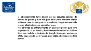 El adiestramiento tuvo origen en las escuelas caninas de
perros de guerra y tuvo un gran éxito para entrenar perros
militares para las dos guerras mundiales; luego fue conocida
gracias a las historias de perros heroicos.
• El otro tipo de entrenamiento en este caso perros guía tuvo
origen en 1827, en Austria, donde Leopold Chimani escribió un
libro que incluía la historia de Joseph Resinguer, nacido en
1775, ciego desde los 17 años, que había adiestrado sus tres
perros.
 