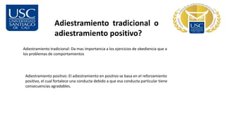 Adiestramiento tradicional o
adiestramiento positivo?
Adiestramiento tradicional: Da mas importancia a los ejercicios de obediencia que a
los problemas de comportamientos
Adiestramiento positivo: El adiestramiento en positivo se basa en el reforzamiento
positivo, el cual fortalece una conducta debido a que esa conducta particular tiene
consecuencias agradables.
 