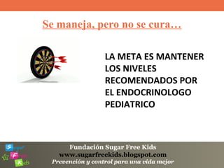 Fundación Sugar Free Kids
www.sugarfreekids.blogspot.com
Prevención y control para una vida mejor
Se maneja, pero no se cura…
LA META ES MANTENER
LOS NIVELES
RECOMENDADOS POR
EL ENDOCRINOLOGO
PEDIATRICO
 