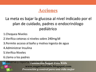 Fundación Sugar Free Kids
www.sugarfreekids.blogspot.com
Prevención y control para una vida mejor
Acciones
La meta es bajar la glucosa al nivel indicado por el
plan de cuidado, padres o endocrinólogo
pediátrico
1.Chequea Niveles
2.Verifica cetonas si niveles sobre 240mg/dl
3.Permite acceso al baño y motiva ingesta de agua
4.Administrar Insulina
5.Verifica Niveles
6.Llama a los padres
7.Observa y reporta patrones de ocurrencia
 