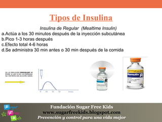 Fundación Sugar Free Kids
www.sugarfreekids.blogspot.com
Prevención y control para una vida mejor
Tipos de Insulina
Insulina de Regular (Mealtime Insulin)
a.Actúa a los 30 minutos después de la inyección subcutánea
b.Pico 1-3 horas después
c.Efecto total 4-6 horas
d.Se administra 30 min antes o 30 min después de la comida
 