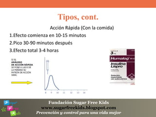 Fundación Sugar Free Kids
www.sugarfreekids.blogspot.com
Prevención y control para una vida mejor
Tipos, cont.
Acción Rápida (Con la comida)
1.Efecto comienza en 10-15 minutos
2.Pico 30-90 minutos después
3.Efecto total 3-4 horas
 