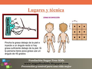 Fundación Sugar Free Kids
www.sugarfreekids.blogspot.com
Prevención y control para una vida mejor
Lugares y técnica
Pincha la grasa debajo de la piel e
inyecte a un ángulo recto si hay
grasa suficiente debajo de la piel. Si
la persona tiene poca grasa use un
ángulo de 45 grados
 