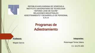 REPÚBLICA BOLIVARIANA DE VENEZUELA
INSTITUTO UNIVERSITARIO DE TECNOLOGÍA
“ANTONIO JOSÉ DE SUCRE”
RELACIONES INDUSTRIALES
ADIESTRAMIENTO Y DESARROLLO DE PERSONAL
S.A.I.A
Integrantes:
Rossmegel Torres Valera
C.I: 24.272.400
Profesora:
Magda García
Programas de
Adiestramiento
 