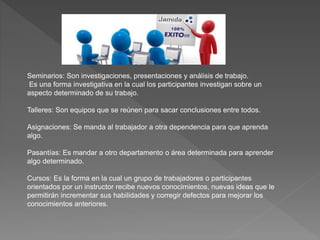 Seminarios: Son investigaciones, presentaciones y análisis de trabajo.
Es una forma investigativa en la cual los participantes investigan sobre un
aspecto determinado de su trabajo.
Talleres: Son equipos que se reúnen para sacar conclusiones entre todos.
Asignaciones: Se manda al trabajador a otra dependencia para que aprenda
algo.
Pasantías: Es mandar a otro departamento o área determinada para aprender
algo determinado.
Cursos: Es la forma en la cual un grupo de trabajadores o participantes
orientados por un instructor recibe nuevos conocimientos, nuevas ideas que le
permitirán incrementar sus habilidades y corregir defectos para mejorar los
conocimientos anteriores.
 