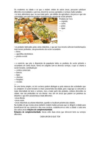 Os residentes na cidade e os que a visitam, vindos de outras áreas, procuram satisfazer
diferentes necessidades e, por isso, devem ter acesso a produtos e serviços muito variados:
• os bens alimentares que, na sua maior parte, são obtidos da agricultura e da pesca e que são
consumidos sem sofrerem qualquer transformação, provêm do sector primário:
                                                            Produtos da Terra
                                                            — vegetais;
                                                            — carne;
                                                            — peixe;
                                                            — água;
                                                            —…




• os produtos fabricados pelas várias indústrias, e que por isso mesmo sofreram transformações
mais menos profundas, são provenientes do sector secundário:
— livros;
— aparelhos electrónicos
— pronto-a-vestir;
—…

• o comércio, que põe à disposição da população todos os produtos do sector primário e
secundário em vários locais, forma em conjunto com os diversos serviços, o que se chama o
sector terciário, constituído por:
— centros comerciais;
— bancos;
— lojas;
— cinemas;
— hospitais;
— escolas;
—…
De uma forma simples, os três sectores podem distinguir-se pela natureza das actividades que
os compõem. O sector terciário é o mais característico da cidade, pois é aqui que se concentra a
maior diversidade de bens e serviços, mas a maior parte dos produtos, embora oferecidos na
cidade, não são produzidos no seu interior, mas sim em áreas que podem ser próximas ou
distantes e que têm características muito diferentes:
• áreas litorais;
• áreas rurais;
• áreas industriais ou urbano-industriais, quando se localizam próximo das cidades.
Na medida em que nestas áreas também residem muitas pessoas que se dirigem à cidade para
beneficiarem do seu comércio e dos seus serviços, estabelecem-se entre a cidade e cada uma
das outras áreas relações de complementaridade.
Relações de complementaridade: trocas entre duas áreas que oferecem bens ou serviços
diferentes.
                                   CADA UM DÁ O QUE TEM
 
