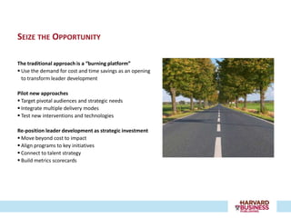 SEIZE THE OPPORTUNITY

The traditional approach is a “burning platform”
 Use the demand for cost and time savings as an opening
  to transform leader development

Pilot new approaches
 Target pivotal audiences and strategic needs
 Integrate multiple delivery modes
 Test new interventions and technologies

Re-position leader development as strategic investment
 Move beyond cost to impact
 Align programs to key initiatives
 Connect to talent strategy
 Build metrics scorecards
 