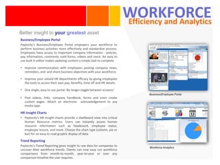 WORKFORCE
                                                                          Efficiency and Analytics
Better insight to your greatest asset
Business/Employee Portal
Paylocity’s Business/Employee Portal empowers your workforce to
perform business activities more effectively and standardize process.
Employees have access to Important company information - policies,
pay information, commonly used forms, videos and more. An easy to
use built in editor makes updating content a simple task to complete.

• Improve communication with employees posting company news,
  reminders, and and share business objectives with your workforce.

• Improve your valued HR departments efficacy by giving employees
  the tools to access their own pay, benefits, time off and HR details.

• One single, easy to use portal. No longer toggle between screens!
                                                                                 Business/Employee Portal
• Post videos, links, company handbook, forms and even create
  custom pages. Attach an electronic acknowledgement to any
  media type.

HR Insight Charts
• Paylocity's HR Insight charts provide a dashboard view into critical
  Human Resource metrics. Users can instantly access human
  resource information such as headcount, employee status,
  employee tenure, and more. Choose the chart type (column, pie or
  bar) for an easy to read graphic display of data.

Trend Reporting
Paylocity’s Trend Reporting gives insight to raw data for companies to
                                                                                 Workforce Analytics
uncover their workforce trends. Clients can now easy run workforce
comparisons from month-to-month, year-to-year or over any
comparison timeline the user requires.
 