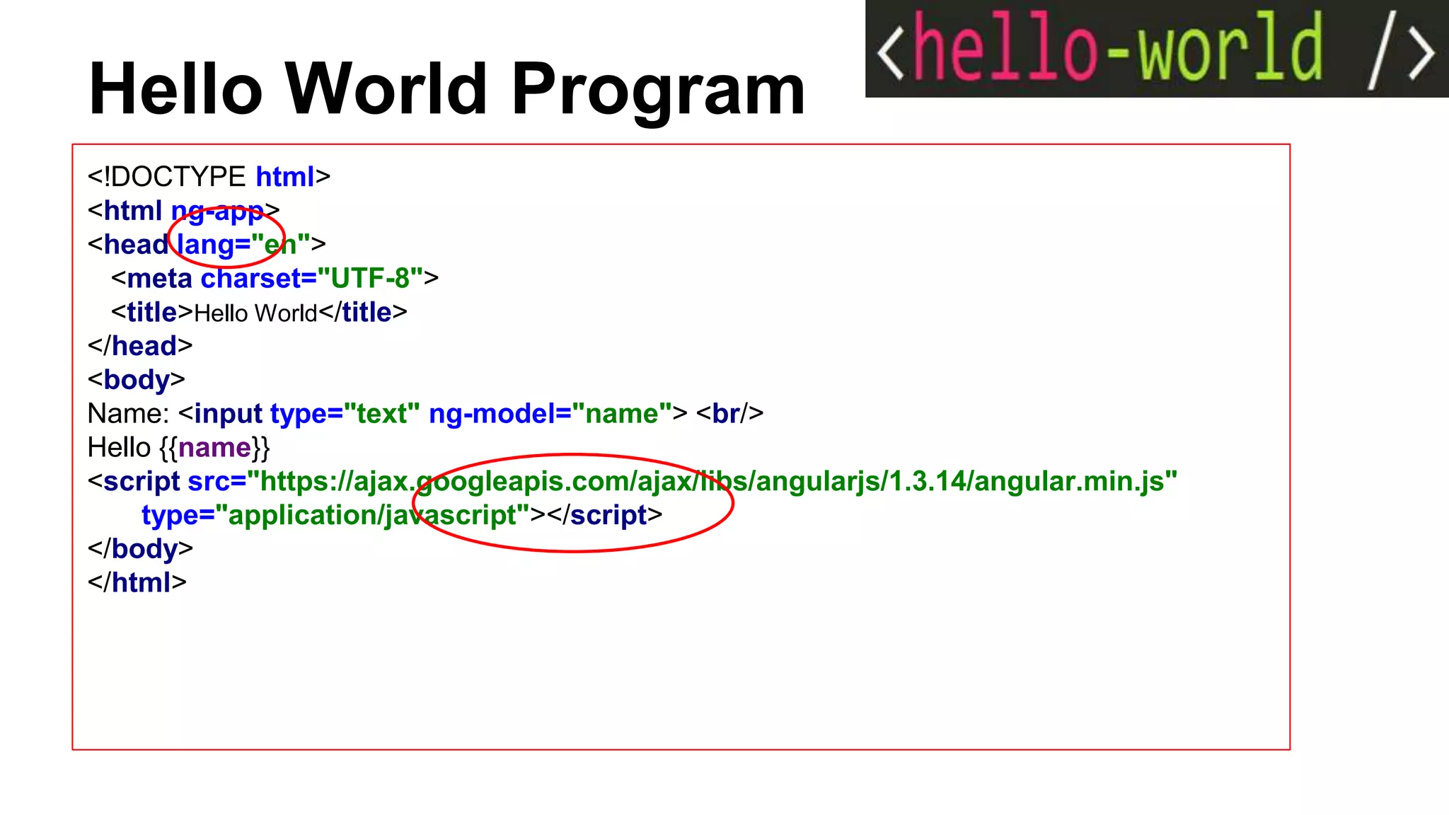 Hello World Program
<!DOCTYPE html>
<html ng-app>
<head lang="en">
<meta charset="UTF-8">
<title>Hello World</title>
</head>
<body>
Name: <input type="text" ng-model="name"> <br/>
Hello {{name}}
<script src="https://ajax.googleapis.com/ajax/libs/angularjs/1.3.14/angular.min.js"
type="application/javascript"></script>
</body>
</html>
 