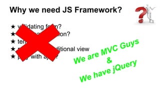 Why we need JS Framework?
★ validating form?
★ dom manipulation?
★ templating?
★ repeating/conditional view
★ play with ajax?
 