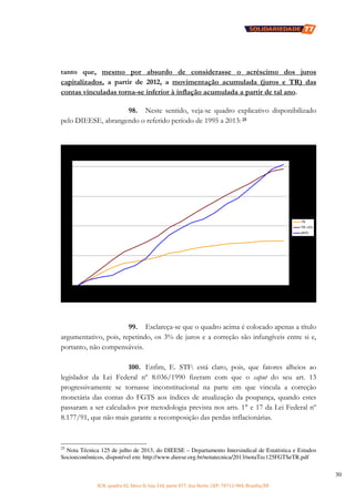SCN, quadra 02, bloco D, loja 310, parte 077, Asa Norte, CEP: 70712-904, Brasília/DF
30
tanto que, mesmo por absurdo de considerasse o acréscimo dos juros
capitalizados, a partir de 2012, a movimentação acumulada (juros e TR) das
contas vinculadas torna-se inferior à inflação acumulada a partir de tal ano.
98. Neste sentido, veja-se quadro explicativo disponibilizado
pelo DIEESE, abrangendo o referido período de 1995 a 2013: 25
99. Esclareça-se que o quadro acima é colocado apenas a título
argumentativo, pois, repetindo, os 3% de juros e a correção são infungíveis entre si e,
portanto, não compensáveis.
100. Enfim, E. STF: está claro, pois, que fatores alheios ao
legislador da Lei Federal nº 8.036/1990 fizeram com que o caput do seu art. 13
progressivamente se tornasse inconstitucional na parte em que vincula a correção
monetária das contas do FGTS aos índices de atualização da poupança, quando estes
passaram a ser calculados por metodologia prevista nos arts. 1° e 17 da Lei Federal nº
8.177/91, que não mais garante a recomposição das perdas inflacionárias.
25
Nota Técnica 125 de julho de 2013, do DIEESE – Departamento Intersindical de Estatística e Estudos
Socioeconômicos, disponível em: http://www.dieese.org.br/notatecnica/2013/notaTec125FGTSeTR.pdf
 