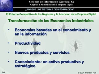 Transformación de las Economías Industriales Economías basadas en el conocimiento y en la información Productividad Nuevos productos y servicios Conocimiento: un activo productivo y estratégico ¿PORQUE LOS SISTEMAS DE INFORMACION? El Entorno Competitivo de los Negocios y la Aparición de la Empresa Digital 