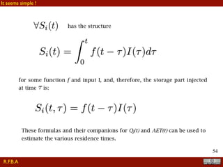 !54
has the structure
for some function f and input I, and, therefore, the storage part injected
at time is:
These formulas and their companions for Qi(t) and AET(t) can be used to
estimate the various residence times.
R.F.B.A
It seems simple !
 