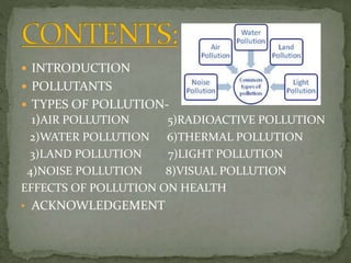  INTRODUCTION
 POLLUTANTS
 TYPES OF POLLUTION-
1)AIR POLLUTION 5)RADIOACTIVE POLLUTION
2)WATER POLLUTION 6)THERMAL POLLUTION
3)LAND POLLUTION 7)LIGHT POLLUTION
4)NOISE POLLUTION 8)VISUAL POLLUTION
EFFECTS OF POLLUTION ON HEALTH
• ACKNOWLEDGEMENT
 