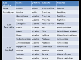Suco            Enzima           pH ótimo Substrato           Produtos
digestivo
Saliva          Ptialina         Neutro     Polissacarídeos   Maltose
Suco Gástrico   Pepsina          Ácido      Proteínas         Peptídeos
                Quimotripsina    Alcalino   Proteínas         Peptídeos
                Tripsina         Alcalino   Proteínas         Peptídeos
                Amilopsina       Alcalino   Polissacarídeos   Maltose
    Suco
 Pancreático    RNase            Alcalino   RNA               Ribonucleotídeos
                DNase            Alcalino   DNA               Desoxirribonucleotídeos
                Lipase           Alcalino   Lipídeos          Glicerol e Ácidos Graxos
                Carboxipeptidase Alcalino   Peptídeos         Aminoácidos
                Aminopeptidase   Alcalino   Peptídeos         Aminoácidos
                Dipeptidase      Alcalino   Dipeptídeos       Aminoácidos
    Suco
  Intestinal    Maltase          Alcalino   Maltose           Glicose
                Sacarase         Alcalino   Sacrose           Glicose e frutose
                Lactase          Alcalino   Lactose           Glicose e galactose
 