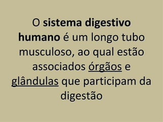 O sistema digestivo
 humano é um longo tubo
  musculoso, ao qual estão
    associados órgãos e
glândulas que participam da
          digestão
 