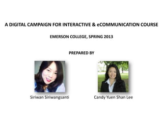 A DIGITAL CAMPAIGN FOR INTERACTIVE & eCOMMUNICATION COURSE
EMERSON COLLEGE, SPRING 2013

PREPARED BY

Siriwan Siriwangsanti

Candy Yuen Shan Lee

 