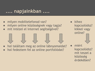 .... napjainkban ....

● milyen mobiltelefonod van?                 ● kihez
● milyen online közösségnek vagy tagja?        kapcsolódsz?
● mit intézel el internet segítségével?        kikkel vagy
                                               online?



● hol találtam meg az online lábnyomaidat?   ● miért
● hol fedeztem fel az online portfoliódat?     kapcsolódsz?
                                               mit teszel a
                                               közösség
                                               érdekében?
 