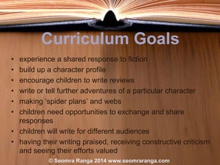 Curriculum Goals
•
•
•
•
•
•

experience a shared response to fiction
build up a character profile
encourage children to write reviews
write or tell further adventures of a particular character
making „spider plans‟ and webs
children need opportunities to exchange and share
responses
• children will write for different audiences
• having their writing praised, receiving constructive criticism
and seeing their efforts valued
© Seomra Ranga 2014 www.seomraranga.com

 