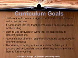 Curriculum Goals

• children should be encouraged to write for a real audience
and a real purpose
• it is important that the teacher establish a sense of purpose
for the writing
• learn to use language in ways that are appropriate to
different audiences
• recognise that different registers of language are needed for
different purposes
• The sharing of writing enhances children‟s feelings of
success and accomplishment and will inspire and motivate
them to further writing
© Seomra Ranga 2014 www.seomraranga.com

 