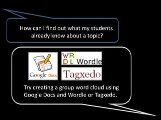 How can I find out what my students
   already know about a topic?




 Try creating a group word cloud using
 Google Docs and Wordle or Tagxedo.
 