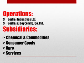 Operations:
$ Godrej Industries Ltd.
$ Godrej & Boyce Mfg. Co. Ltd.
Subsidiaries:
> Chemical & Commodities
> Consumer Goods
> Agro
> Services
 