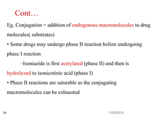 11/30/201630
Cont…
Eg. Conjugation = addition of endogenous macromolecules to drug
molecules( substrates)
• Some drugs may undergo phase II reaction before undergoing
phase I reaction
–Isoniazide is first acetylated (phase II) and then is
hydrolyzed to isonicotinic acid (phase I)
• Phase II reactions are saturable as the conjugating
macromolecules can be exhausted
 