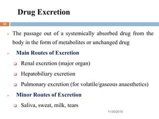 Drug Excretion
11/30/2016
34
 The passage out of a systemically absorbed drug from the
body in the form of metabolites or unchanged drug
 Main Routes of Excretion
 Renal excretion (major organ)
 Hepatobiliary excretion
 Pulmonary excretion (for volatile/gaseous anaesthetics)
 Minor Routes of Excretion
 Saliva, sweat, milk, tears
 