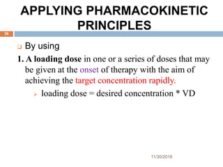 APPLYING PHARMACOKINETIC
PRINCIPLES
11/30/2016
36
 By using
1. A loading dose in one or a series of doses that may
be given at the onset of therapy with the aim of
achieving the target concentration rapidly.
 loading dose = desired concentration * VD
 