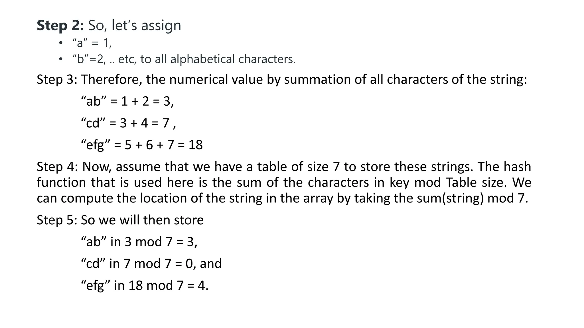 Step 2: So, let’s assign
• “a” = 1,
• “b”=2, .. etc, to all alphabetical characters.
Step 3: Therefore, the numerical value by summation of all characters of the string:
“ab” = 1 + 2 = 3,
“cd” = 3 + 4 = 7 ,
“efg” = 5 + 6 + 7 = 18
Step 4: Now, assume that we have a table of size 7 to store these strings. The hash
function that is used here is the sum of the characters in key mod Table size. We
can compute the location of the string in the array by taking the sum(string) mod 7.
Step 5: So we will then store
“ab” in 3 mod 7 = 3,
“cd” in 7 mod 7 = 0, and
“efg” in 18 mod 7 = 4.
 