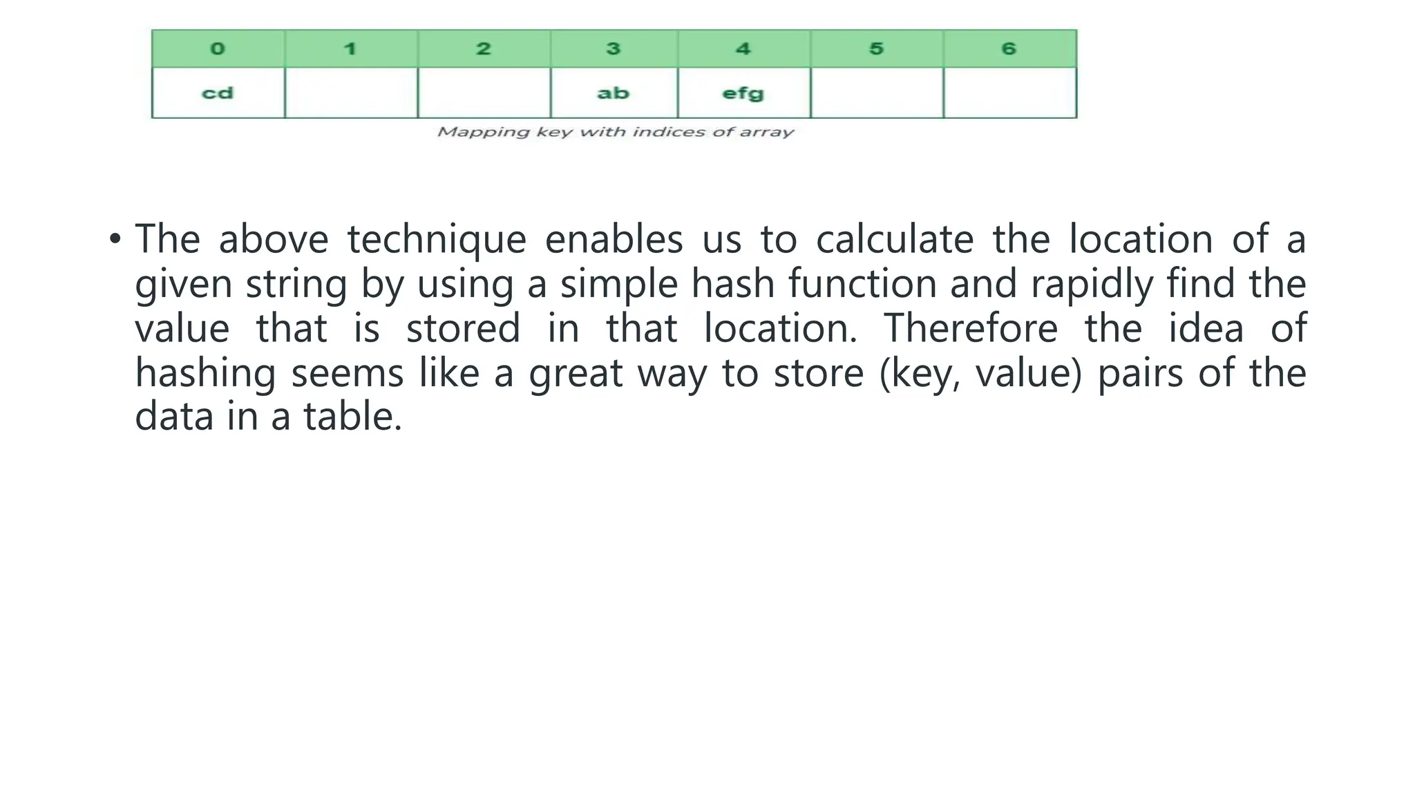 • The above technique enables us to calculate the location of a
given string by using a simple hash function and rapidly find the
value that is stored in that location. Therefore the idea of
hashing seems like a great way to store (key, value) pairs of the
data in a table.
 