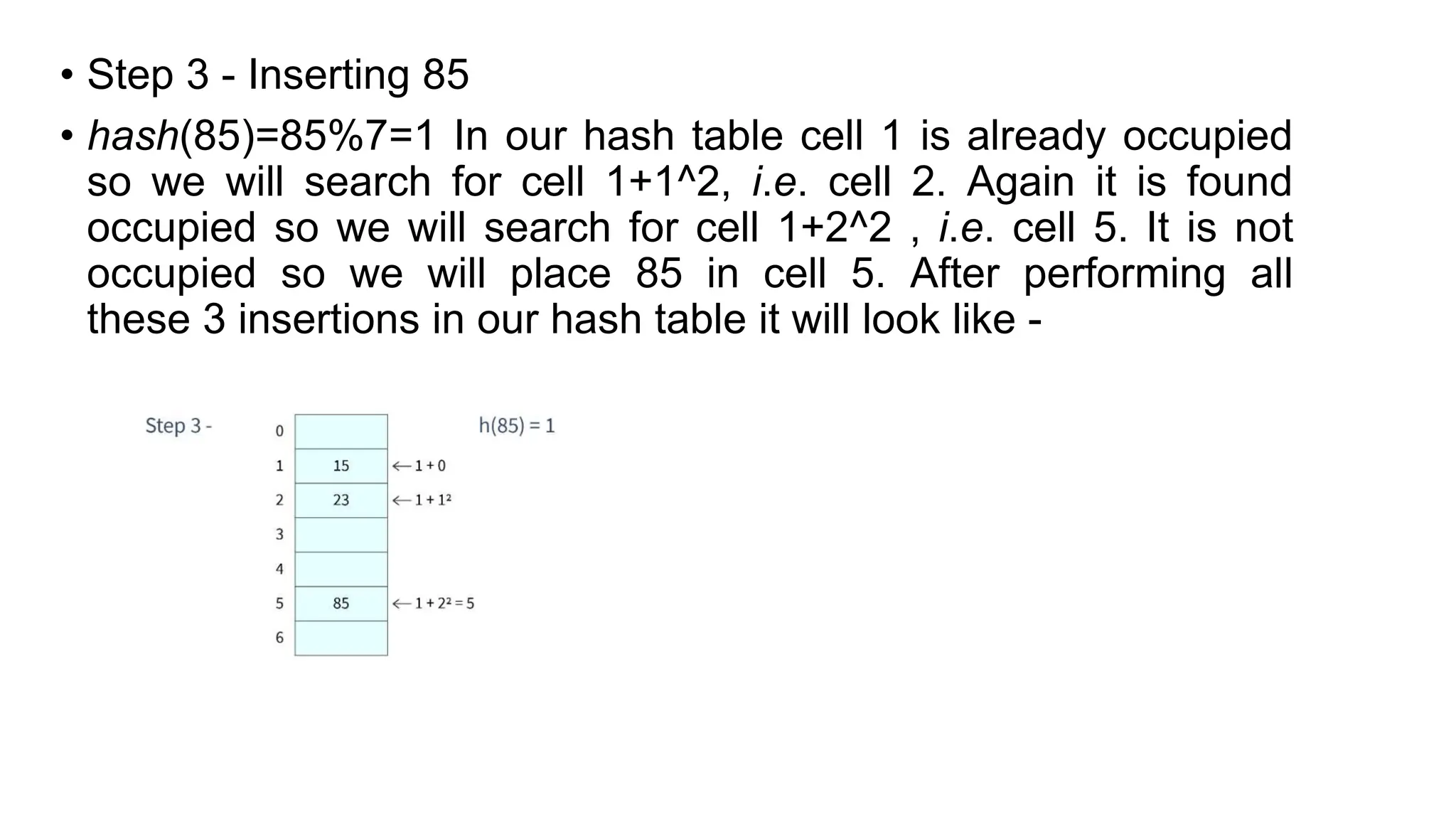 • Step 3 - Inserting 85
• hash(85)=85%7=1 In our hash table cell 1 is already occupied
so we will search for cell 1+1^2, i.e. cell 2. Again it is found
occupied so we will search for cell 1+2^2 , i.e. cell 5. It is not
occupied so we will place 85 in cell 5. After performing all
these 3 insertions in our hash table it will look like -
 
