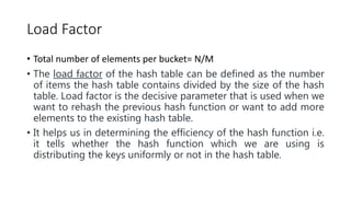 Load Factor
• Total number of elements per bucket= N/M
• The load factor of the hash table can be defined as the number
of items the hash table contains divided by the size of the hash
table. Load factor is the decisive parameter that is used when we
want to rehash the previous hash function or want to add more
elements to the existing hash table.
• It helps us in determining the efficiency of the hash function i.e.
it tells whether the hash function which we are using is
distributing the keys uniformly or not in the hash table.
 
