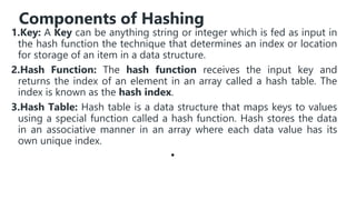 Components of Hashing
1.Key: A Key can be anything string or integer which is fed as input in
the hash function the technique that determines an index or location
for storage of an item in a data structure.
2.Hash Function: The hash function receives the input key and
returns the index of an element in an array called a hash table. The
index is known as the hash index.
3.Hash Table: Hash table is a data structure that maps keys to values
using a special function called a hash function. Hash stores the data
in an associative manner in an array where each data value has its
own unique index.
•
 