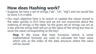 How does Hashing work?
• Suppose we have a set of strings {“ab”, “cd”, “efg”} and we would like
to store it in a table.
• Our main objective here is to search or update the values stored in
the table quickly in O(1) time and we are not concerned about the
ordering of strings in the table. So the given set of strings can act as
a key and the string itself will act as the value of the string but how to
store the value corresponding to the key?
Step 1: We know that hash functions (which is some
mathematical formula) are used to calculate the hash value
which acts as the index of the data structure where the value
will be stored.
 