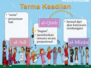 • “sama”
• persamaan
hak

al-‘Adl

al-Qisth
• “bagian”
• memberikan
sesuatu secara
proposional

• berasal dari
akar kata wazn
(timbangan)

al-Mîzân

 