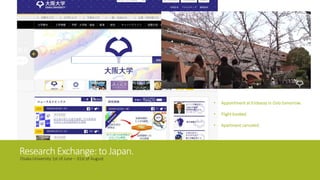 ResearchExchange:to Japan.
Osaka University 1st of June – 31st of August
• Appointment at Embassy in Oslo tomorrow.
• Flight booked.
• Apartment canceled.