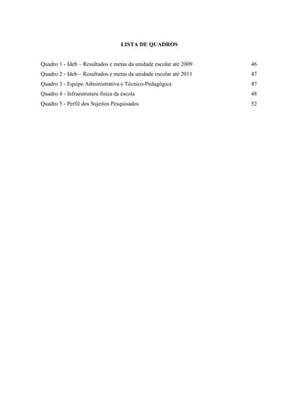LISTA DE QUADROS
Quadro 1 - Ideb – Resultados e metas da unidade escolar até 2009

46

Quadro 2 - Ideb – Resultados e metas da unidade escolar até 2011

47

Quadro 3 - Equipe Administrativa e Técnico-Pedagógica

47

Quadro 4 - Infraestrutura física da escola

48

Quadro 5 - Perfil dos Sujeitos Pesquisados

52

 