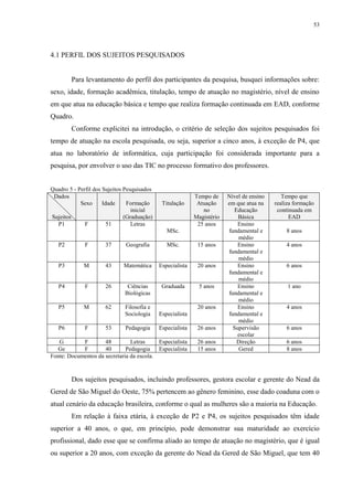 53

4.1 PERFIL DOS SUJEITOS PESQUISADOS

Para levantamento do perfil dos participantes da pesquisa, busquei informações sobre:
sexo, idade, formação acadêmica, titulação, tempo de atuação no magistério, nível de ensino
em que atua na educação básica e tempo que realiza formação continuada em EAD, conforme
Quadro.
Conforme explicitei na introdução, o critério de seleção dos sujeitos pesquisados foi
tempo de atuação na escola pesquisada, ou seja, superior a cinco anos, à exceção de P4, que
atua no laboratório de informática, cuja participação foi considerada importante para a
pesquisa, por envolver o uso das TIC no processo formativo dos professores.

Quadro 5 - Perfil dos Sujeitos Pesquisados
Dados
Sexo
Idade
Formação
inicial
Sujeitos
(Graduação)
P1
F
51
Letras

Titulação

Tempo de
Atuação
no
Magistério
25 anos

MSc.
P2

F

37

Geografia

MSc.

15 anos

P3

M

43

Matemática

Especialista

20 anos

P4

F

26

Ciências
Biológicas

Graduada

5 anos

P5

M

62

Filosofia e
Sociologia

Especialista

Pedagogia

Especialista

26 anos

G
F
48
Letras
Especialista
Ge
F
40
Pedagogia
Especialista
Fonte: Documentos da secretaria da escola.

26 anos
15 anos

P6

F

53

20 anos

Nível de ensino
em que atua na
Educação
Básica
Ensino
fundamental e
médio
Ensino
fundamental e
médio
Ensino
fundamental e
médio
Ensino
fundamental e
médio
Ensino
fundamental e
médio
Supervisão
escolar
Direção
Gered

Tempo que
realiza formação
continuada em
EAD
8 anos
4 anos

6 anos

1 ano

4 anos

6 anos
6 anos
8 anos

Dos sujeitos pesquisados, incluindo professores, gestora escolar e gerente do Nead da
Gered de São Miguel do Oeste, 75% pertencem ao gênero feminino, esse dado coaduna com o
atual cenário da educação brasileira, conforme o qual as mulheres são a maioria na Educação.
Em relação à faixa etária, à exceção de P2 e P4, os sujeitos pesquisados têm idade
superior a 40 anos, o que, em princípio, pode demonstrar sua maturidade ao exercício
profissional, dado esse que se confirma aliado ao tempo de atuação no magistério, que é igual
ou superior a 20 anos, com exceção da gerente do Nead da Gered de São Miguel, que tem 40

 