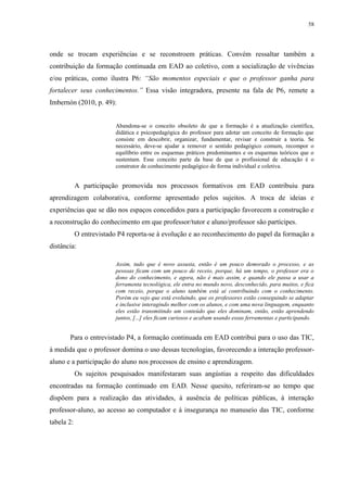 58

onde se trocam experiências e se reconstroem práticas. Convém ressaltar também a
contribuição da formação continuada em EAD ao coletivo, com a socialização de vivências
e/ou práticas, como ilustra P6: “São momentos especiais e que o professor ganha para
fortalecer seus conhecimentos.” Essa visão integradora, presente na fala de P6, remete a
Imbernón (2010, p. 49):

Abandona-se o conceito obsoleto de que a formação é a atualização científica,
didática e psicopedagógica do professor para adotar um conceito de formação que
consiste em descobrir, organizar, fundamentar, revisar e construir a teoria. Se
necessário, deve-se ajudar a remover o sentido pedagógico comum, recompor o
equilíbrio entre os esquemas práticos predominantes e os esquemas teóricos que o
sustentam. Esse conceito parte da base de que o profissional de educação é o
construtor de conhecimento pedagógico de forma individual e coletiva.

A participação promovida nos processos formativos em EAD contribuiu para
aprendizagem colaborativa, conforme apresentado pelos sujeitos. A troca de ideias e
experiências que se dão nos espaços concedidos para a participação favorecem a construção e
a reconstrução do conhecimento em que professor/tutor e aluno/professor são partícipes.
O entrevistado P4 reporta-se à evolução e ao reconhecimento do papel da formação a
distância:
Assim, tudo que é novo assusta, então é um pouco demorado o processo, e as
pessoas ficam com um pouco de receio, porque, há um tempo, o professor era o
dono do conhecimento, e agora, não é mais assim, e quando ele passa a usar a
ferramenta tecnológica, ele entra no mundo novo, desconhecido, para muitos, e fica
com receio, porque o aluno também está aí contribuindo com o conhecimento.
Porém eu vejo que está evoluindo, que os professores estão conseguindo se adaptar
e inclusive interagindo melhor com os alunos, e com uma nova linguagem, enquanto
eles estão transmitindo um conteúdo que eles dominam, então, estão aprendendo
juntos, [...] eles ficam curiosos e acabam usando essas ferramentas e participando.

Para o entrevistado P4, a formação continuada em EAD contribui para o uso das TIC,
à medida que o professor domina o uso dessas tecnologias, favorecendo a interação professoraluno e a participação do aluno nos processos de ensino e aprendizagem.
Os sujeitos pesquisados manifestaram suas angústias a respeito das dificuldades
encontradas na formação continuado em EAD. Nesse quesito, referiram-se ao tempo que
dispõem para a realização das atividades, à ausência de políticas públicas, à interação
professor-aluno, ao acesso ao computador e à insegurança no manuseio das TIC, conforme
tabela 2:

 
