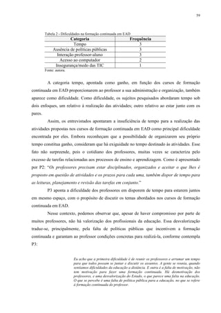 59

Tabela 2 - Dificuldades na formação continuada em EAD

Categoria
Tempo
Ausência de políticas públicas
Interação professor-aluno
Acesso ao computador
Insegurança/medo das TIC

Frequência
3
3
3
2
1

Fonte: autora.

A categoria tempo, apontada como ganho, em função dos cursos de formação
continuada em EAD proporcionarem ao professor a sua administração e organização, também
aparece como dificuldade. Como dificuldade, os sujeitos pesquisados abordaram tempo sob
dois enfoques, um relativo à realização das atividades; outro relativo ao estar junto com os
pares.
Assim, os entrevistados apontaram a insuficiência de tempo para a realização das
atividades propostas nos cursos de formação continuada em EAD como principal dificuldade
encontrada por eles. Embora reconheçam que a possibilidade de organizarem seu próprio
tempo constitua ganho, consideram que há exiguidade no tempo destinado às atividades. Esse
fato não surpreende, pois o cotidiano dos professores, muitas vezes se caracteriza pelo
excesso de tarefas relacionadas aos processos de ensino e aprendizagem. Como é apresentado
por P2: “Os professores precisam estar disciplinados, organizados e aceitar o que lhes é
proposto em questão de atividades e os prazos para cada uma, também dispor de tempo para
as leituras, planejamento e revisão das tarefas em conjunto.”
P3 aponta a dificuldade dos professores em disporem de tempo para estarem juntos
em mesmo espaço, com o propósito de discutir os temas abordados nos cursos de formação
continuada em EAD.
Nesse contexto, podemos observar que, apesar de haver compromisso por parte de
muitos professores, não há valorização dos profissionais da educação. Essa desvalorização
traduz-se, principalmente, pela falta de políticas públicas que incentivem a formação
continuada e garantam ao professor condições concretas para realizá-la, conforme contempla
P3:

Eu acho que a primeira dificuldade é de reunir os professores e arrumar um tempo
para que todos possam se juntar e discutir os assuntos. A gente se reunia, quando
sentíamos dificuldades da educação a distância. E outra é a falta de motivação, não
tem motivação para fazer uma formação continuada. Há desmotivação dos
professores, e uma desvalorização do Estado, o que parece uma falta na educação.
O que se percebe é uma falta de política pública para a educação, no que se refere
à formação continuada do professor.

 