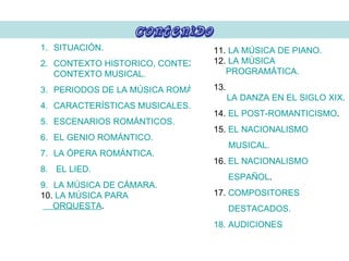 contenido SITUACIÓN. CONTEXTO HISTORICO, CONTEXTO CULTURAL Y  CONTEXTO MUSICAL. PERIODOS DE LA MÚSICA ROMÁNTICA. CARACTERÍSTICAS MUSICALES. ESCENARIOS ROMÁNTICOS. EL GENIO ROMÁNTICO. LA ÓPERA ROMÁNTICA.  EL LIED. LA MÚSICA DE CÁMARA. 10.  LA MÚSICA PARA         ORQUESTA . 11.  LA MÚSICA DE PIANO. 12.  LA MÚSICA        PROGRAMÁTICA. 13.  LA DANZA EN EL SIGLO XIX. 14.  EL POST-ROMANTICISMO . 15.  EL NACIONALISMO             MUSICAL. 16.  EL NACIONALISMO        ESPAÑOL . 17.  COMPOSITORES        DESTACADOS.  18. AUDICIONES  