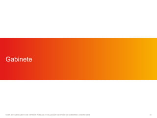 Gabinete

© GfK 2014 | ENCUESTA DE OPINIÓN PÚBLICA: EVALUACIÓN GESTIÓN DE GOBIERNO | ENERO 2014

31

 