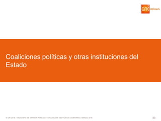 © GfK 2016 | ENCUESTA DE OPINIÓN PÚBLICA: EVALUACIÓN GESTIÓN DE GOBIERNO | MARZO 2016 30
Coaliciones políticas y otras instituciones del
Estado
 