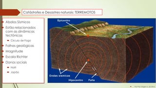 Catástrofes e Desastres naturais: TERREMOTOS

 Abalos Sísmicos
 Estão relacionados
com as dinâmicas
tectônicas
 Circulo de Fogo

 Falhas geológicas
 Magnitude
 Escala Richter
 Danos sociais
 Haiti
 Japão



Por Prof. Roger A. da Silva

 
