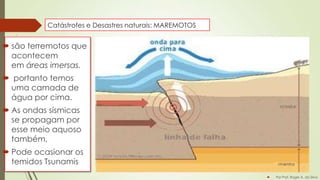 Catástrofes e Desastres naturais: MAREMOTOS

 são terremotos que
acontecem
em áreas imersas.
 portanto temos
uma camada de
água por cima.
 As ondas sísmicas
se propagam por
esse meio aquoso
também,
 Pode ocasionar os
temidos Tsunamis


Por Prof. Roger A. da Silva

 